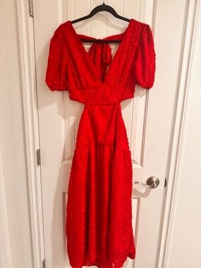SHEIN Red Maxi Dress with Puff Sleeves and V-Back Tie size M